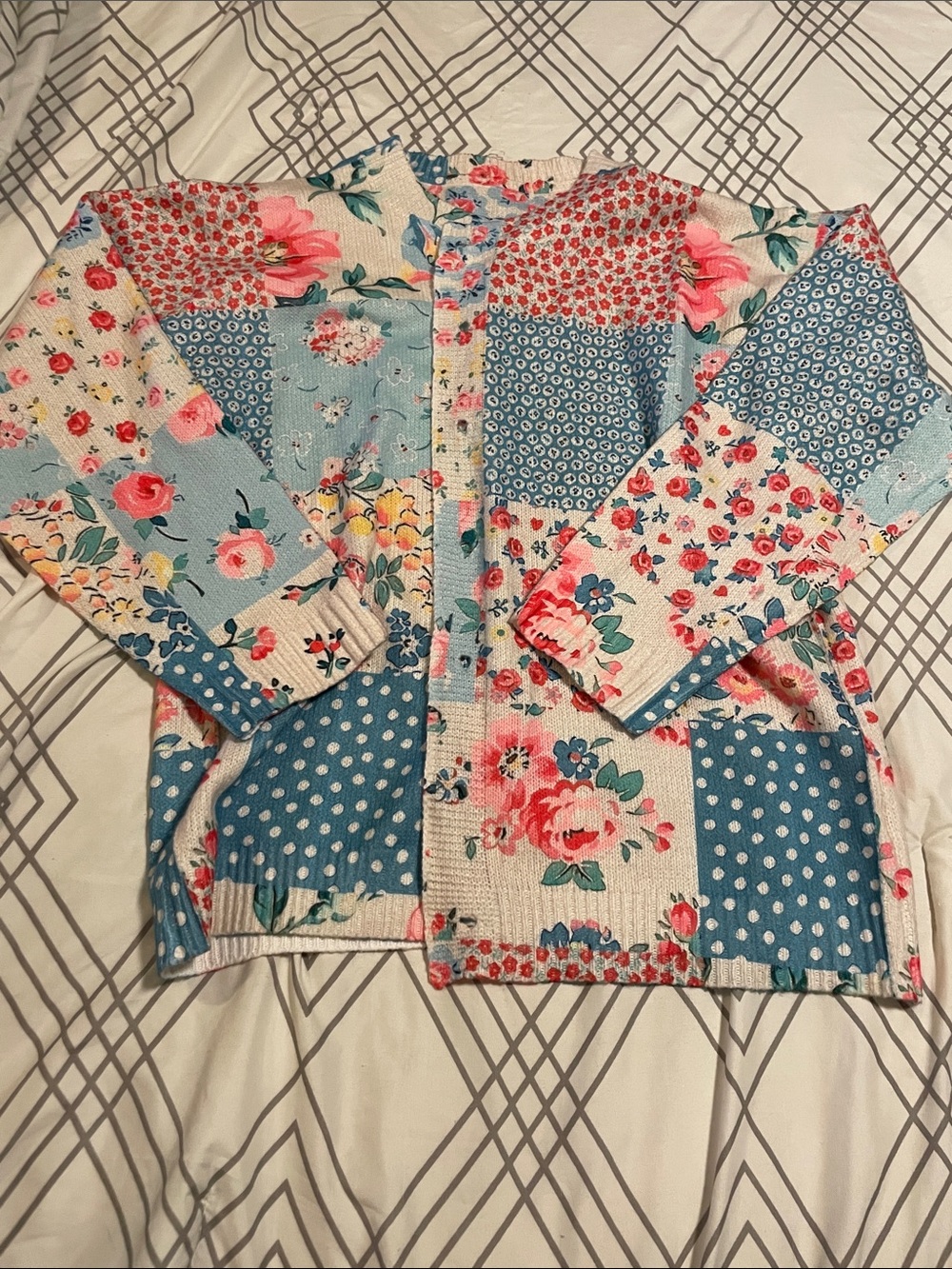 Patchwork Floral Cardigan Sweater - Blue & Pink
